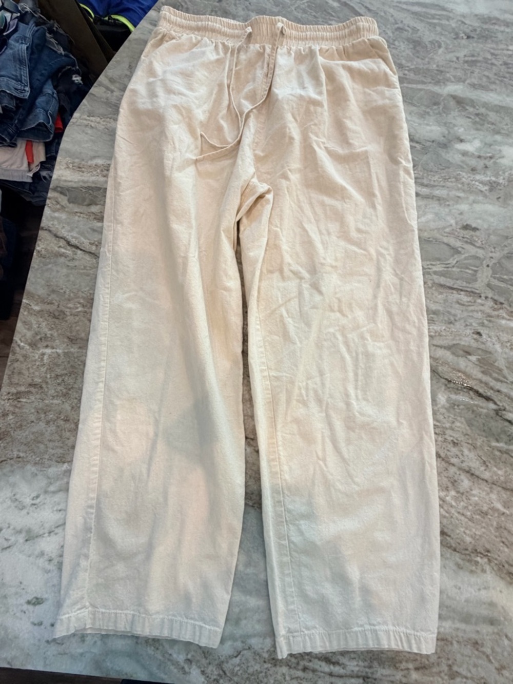 Drawstring Pants Womens XL Cream Wide Leg Elastic Waist Casual